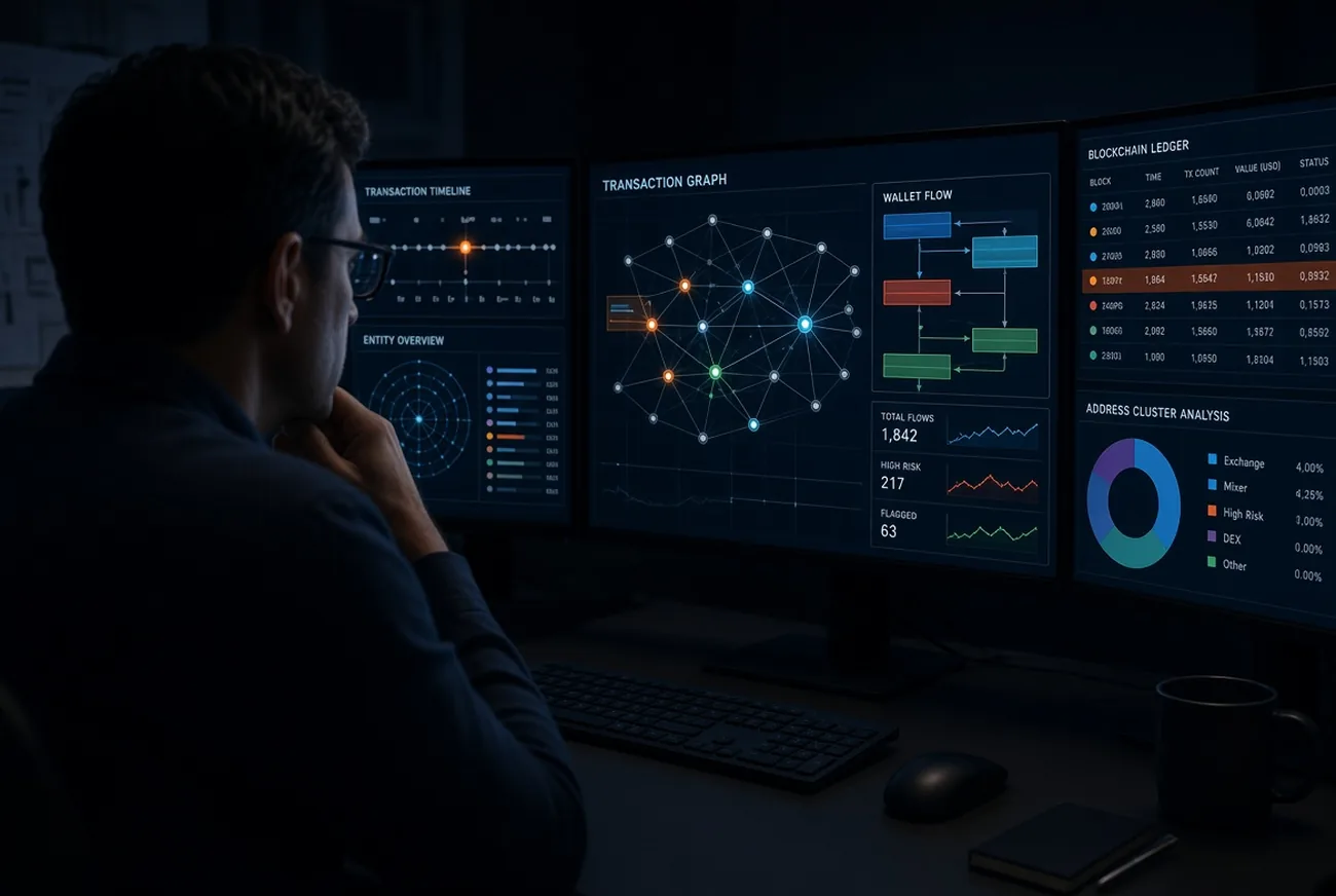 An investigator reviewing a transaction graph and ledger records across two screens
