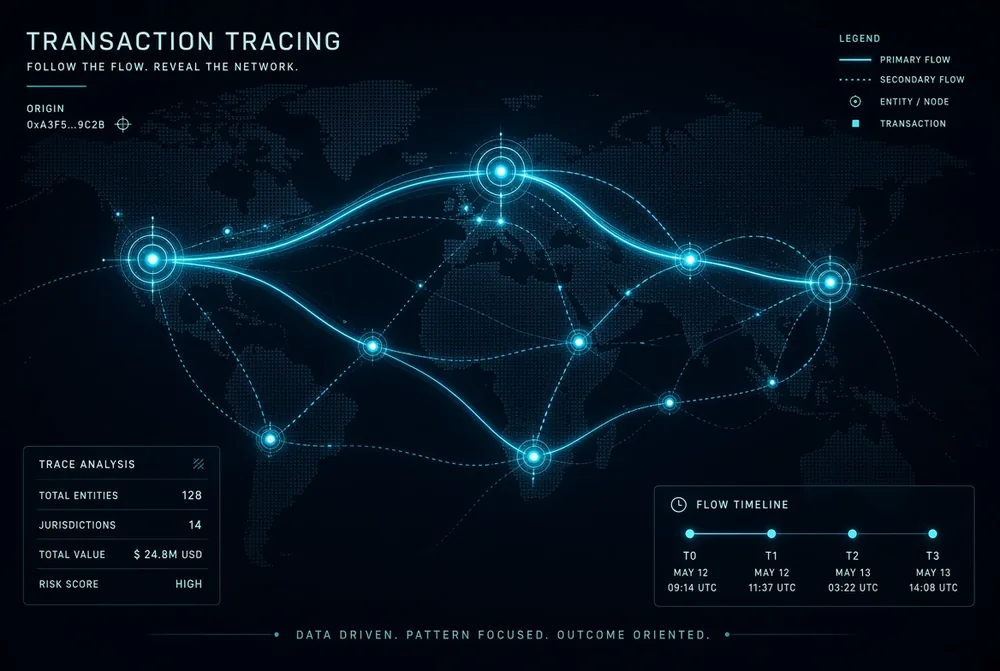Transaction flows traced across jurisdictions on a world map
